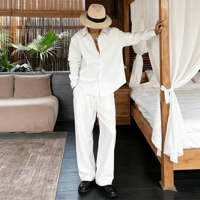 Mens Linen Shirt Long Sleeve - Weißes Leinen-Set Locker Sitzende Langarm-Hemden Dünne