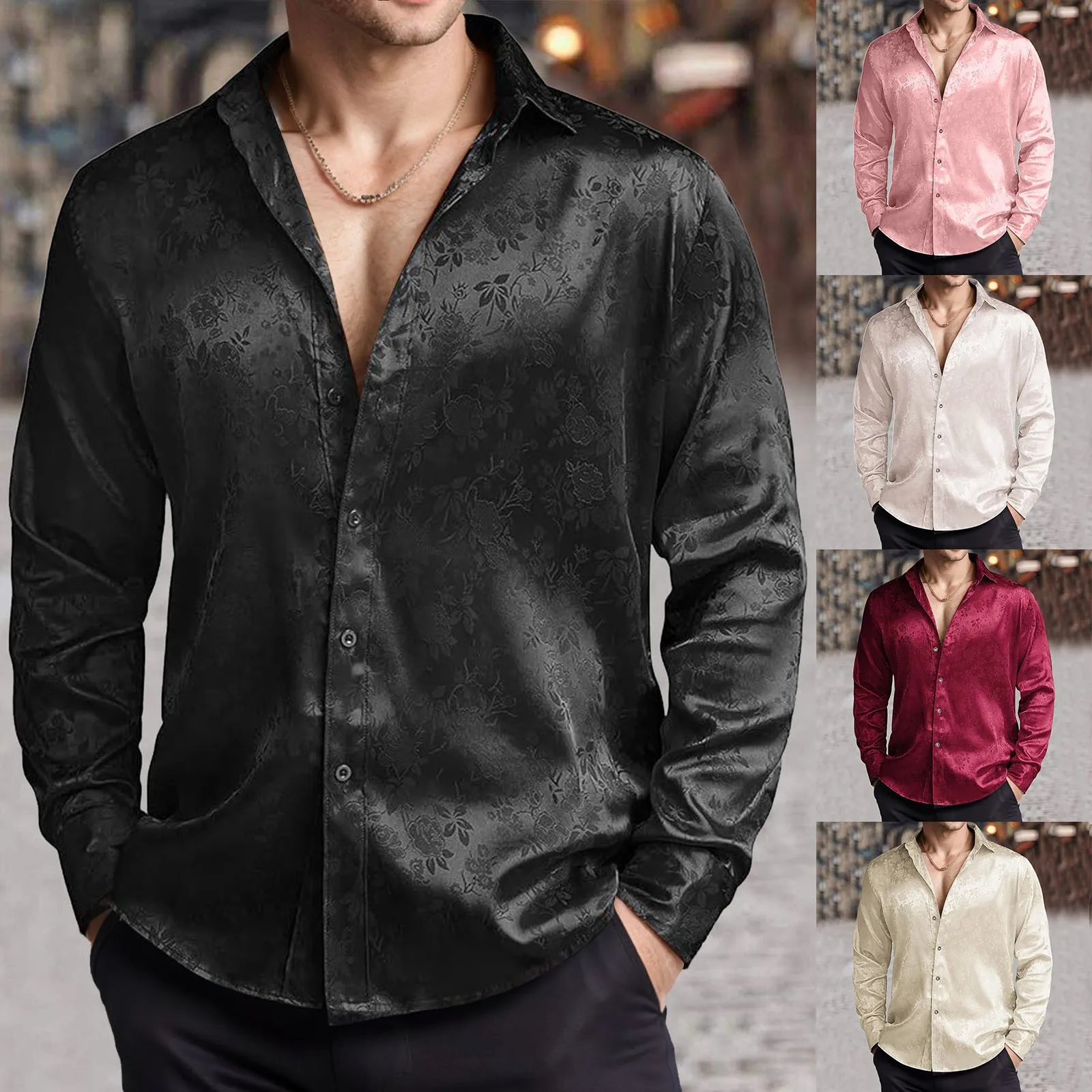 Mens Satin Silk Dress Shirt - Herren-Hemd aus Seidensatinimitat, Jacquard, langärmelig, Blumenmuster,
