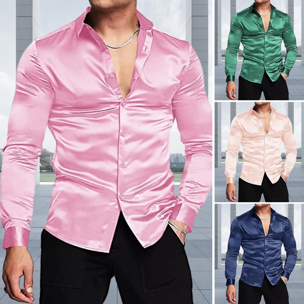 Mens Satin Silk Dress Shirt - Rosa Seide Satin Luxus Kleid Hemd