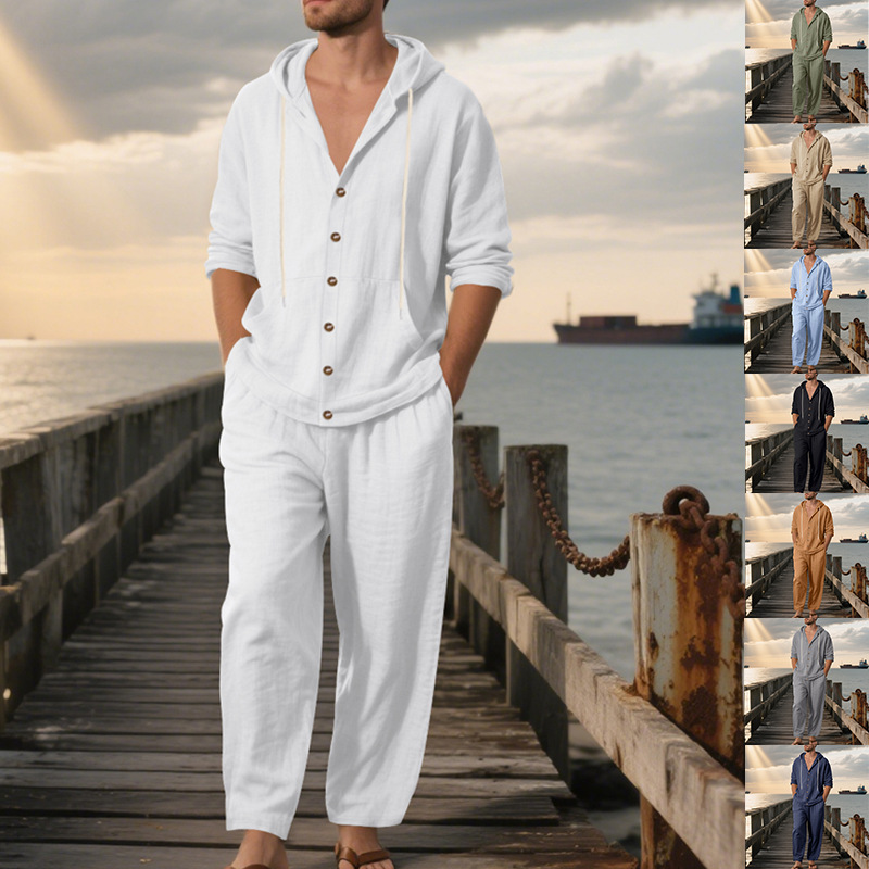 Mens Linen Shirt Long Sleeve - Sommer Herren Amerikanischer Lockerer Leinen-Kapuzenpullover mit