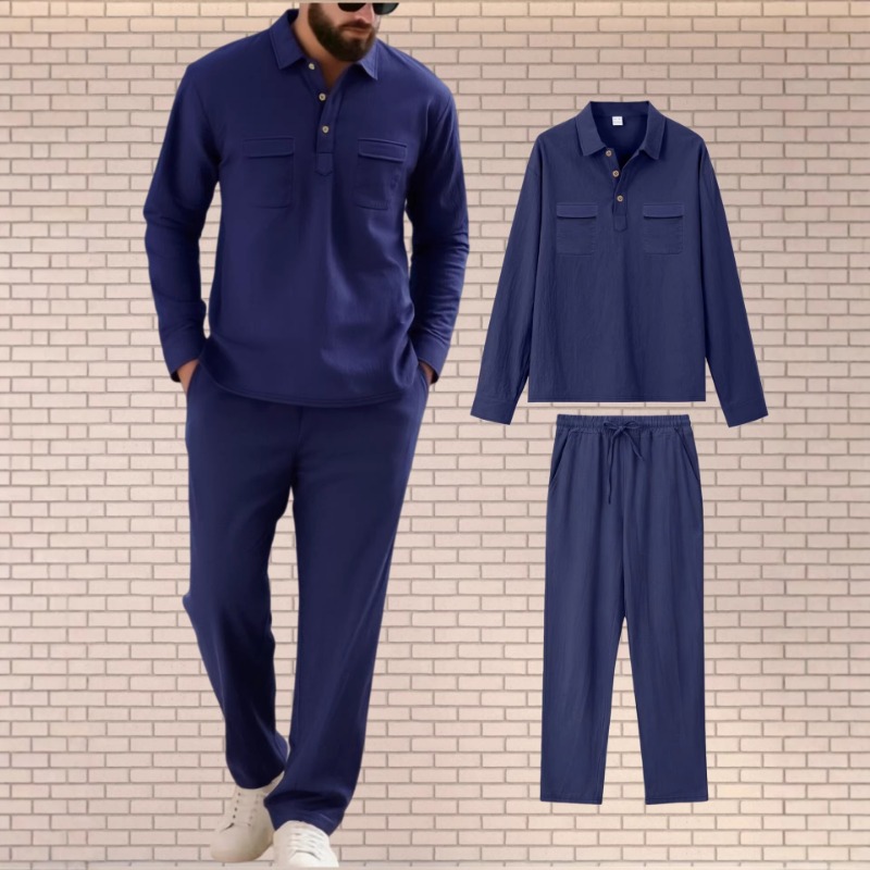 Mens Linen Shirt Long Sleeve - Herren-Leinenmischgewebe-Zweiteiler, Langarmhemd und Hose mit Kordelzug,