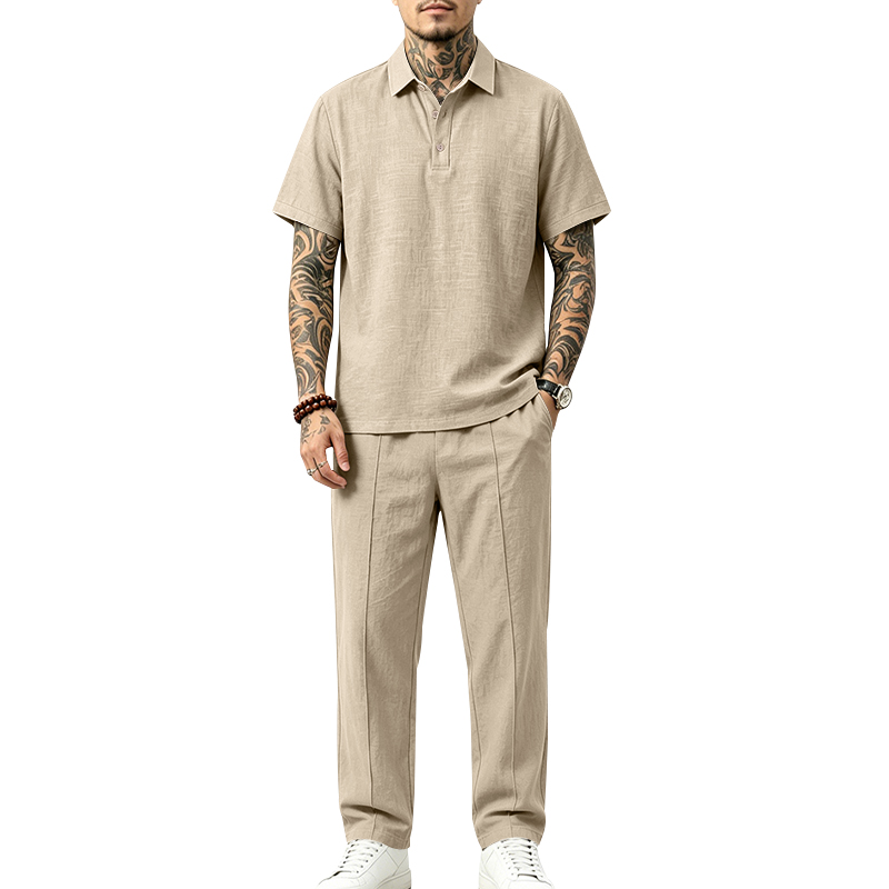 Mens Linen Shirt Long Sleeve - Herren 2-teiliges Polo-Set Kurzarm-Poloshirt & Gerade