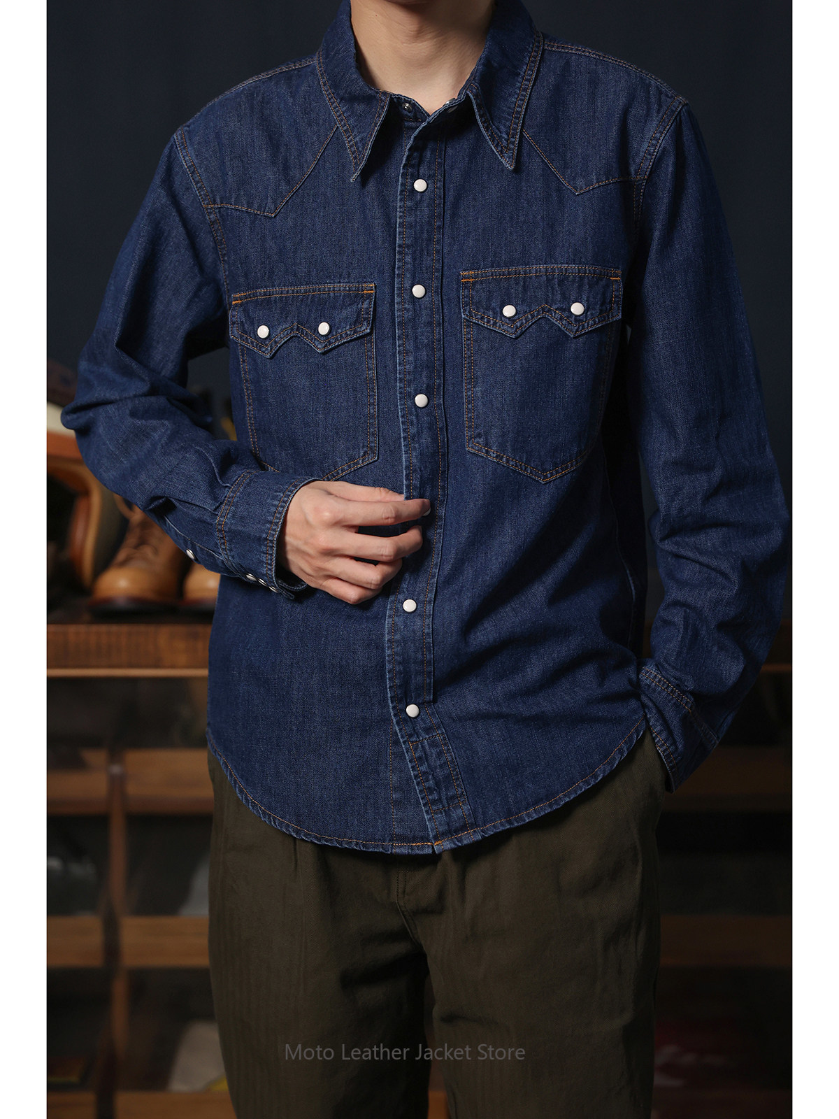 Mens Western Denim Pearl Snap Shirt - Amerikanisches Retro Western Denim-Hemd Raw Denim