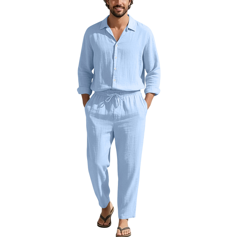 Mens Linen Shirt Long Sleeve - Frühling Sommer Leinen Freizeitsets Lose Strand-Langarmhemden+Lange